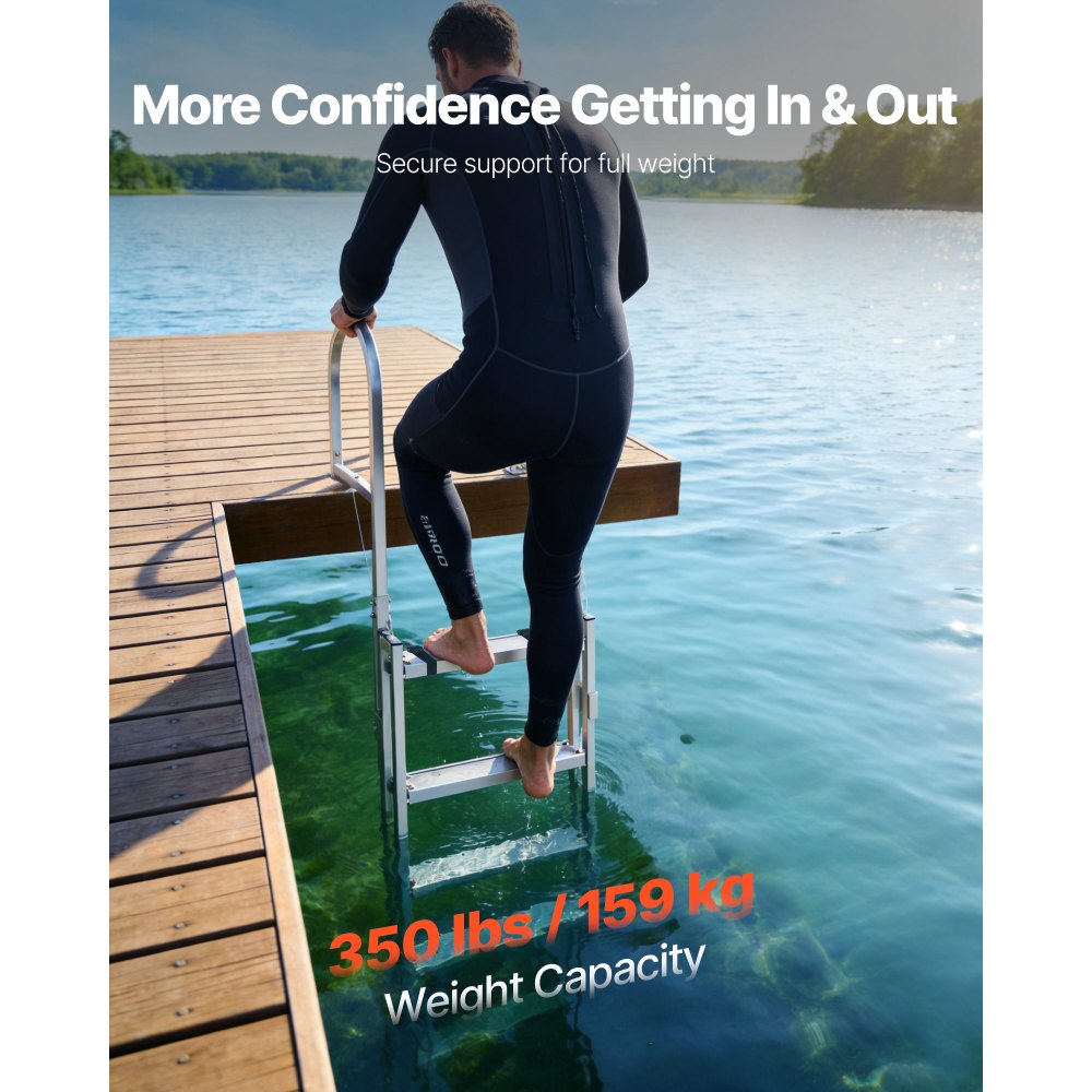VEVOR Retractable Dock Ladder, 5 Steps, Aluminum Alloy Pontoon Boat Swim Ladder, with Non-Slip Wide Steps, 159 kg Weight Capacity, Adjustable Height, for Lake Swimming, Pool, Boat, Marine Boarding