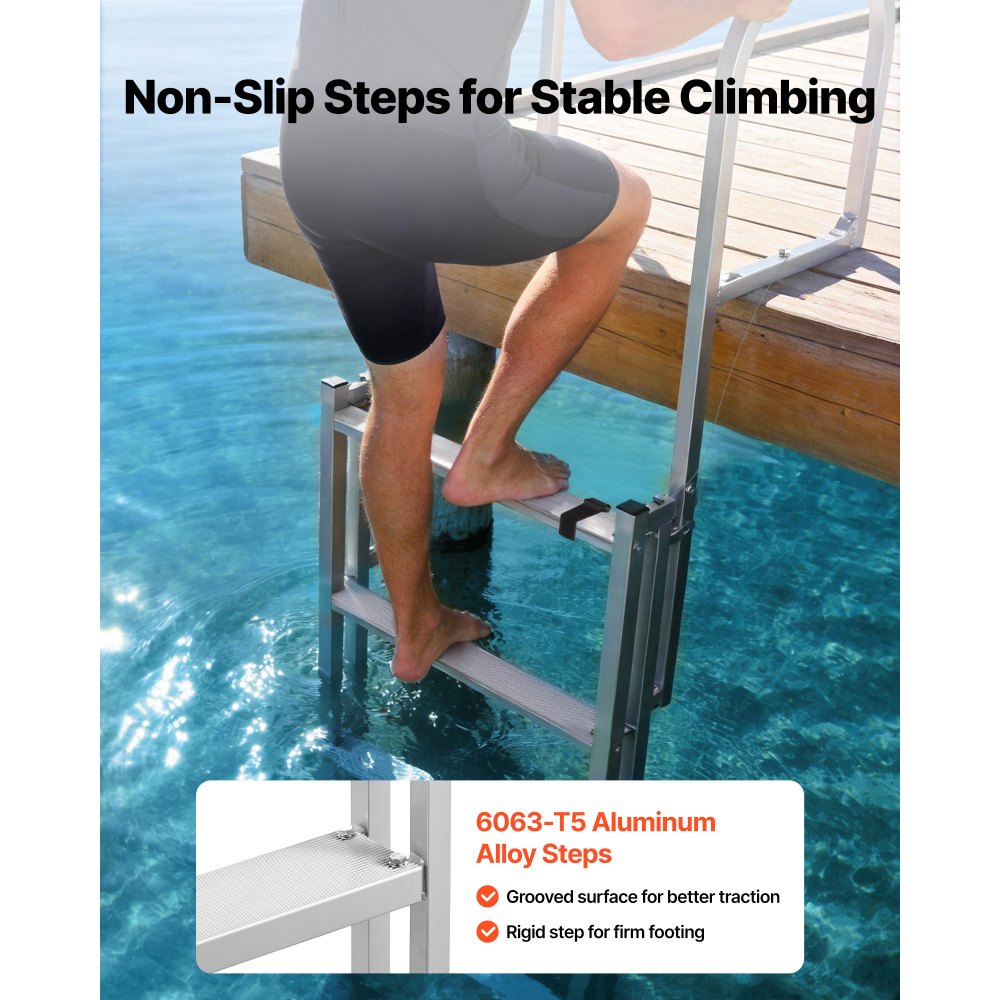 VEVOR Retractable Dock Ladder, 5 Steps, Aluminum Alloy Pontoon Boat Swim Ladder, with Non-Slip Wide Steps, 159 kg Weight Capacity, Adjustable Height, for Lake Swimming, Pool, Boat, Marine Boarding