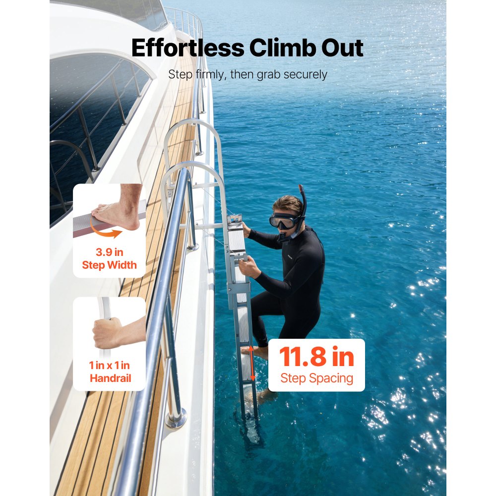 VEVOR Retractable Dock Ladder, 5 Steps, Aluminum Alloy Pontoon Boat Swim Ladder, with Non-Slip Wide Steps, 159 kg Weight Capacity, Adjustable Height, for Lake Swimming, Pool, Boat, Marine Boarding