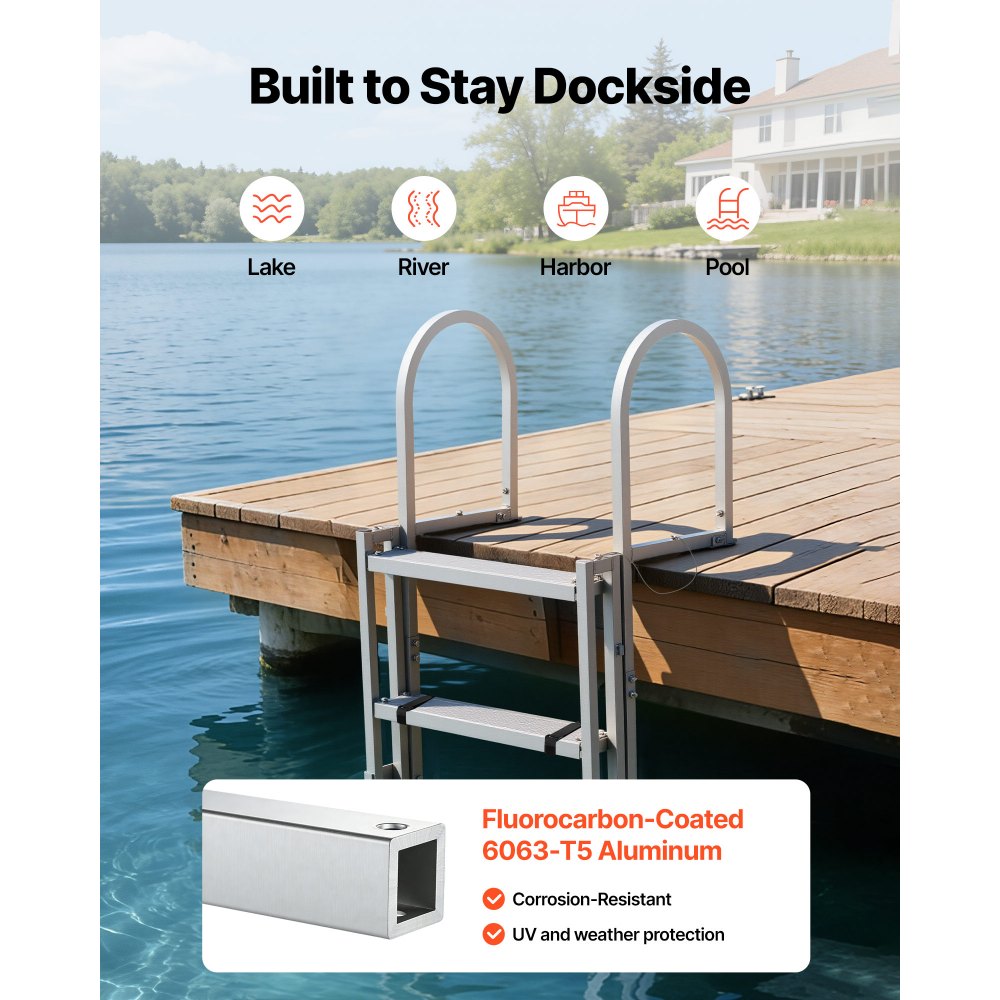 VEVOR Retractable Dock Ladder, 5 Steps, Aluminum Alloy Pontoon Boat Swim Ladder, with Non-Slip Wide Steps, 159 kg Weight Capacity, Adjustable Height, for Lake Swimming, Pool, Boat, Marine Boarding