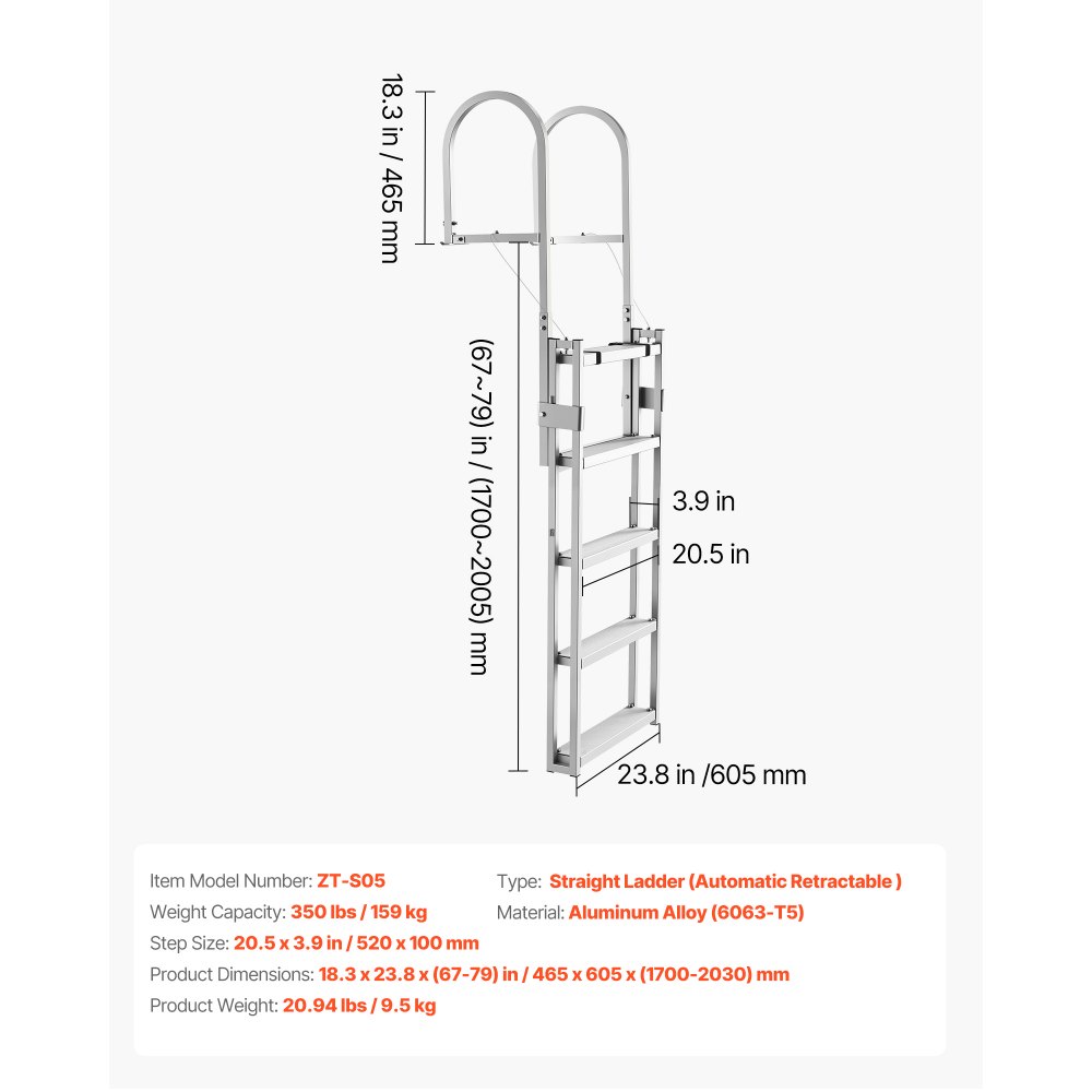 VEVOR Retractable Dock Ladder, 5 Steps, Aluminum Alloy Pontoon Boat Swim Ladder, with Non-Slip Wide Steps, 159 kg Weight Capacity, Adjustable Height, for Lake Swimming, Pool, Boat, Marine Boarding