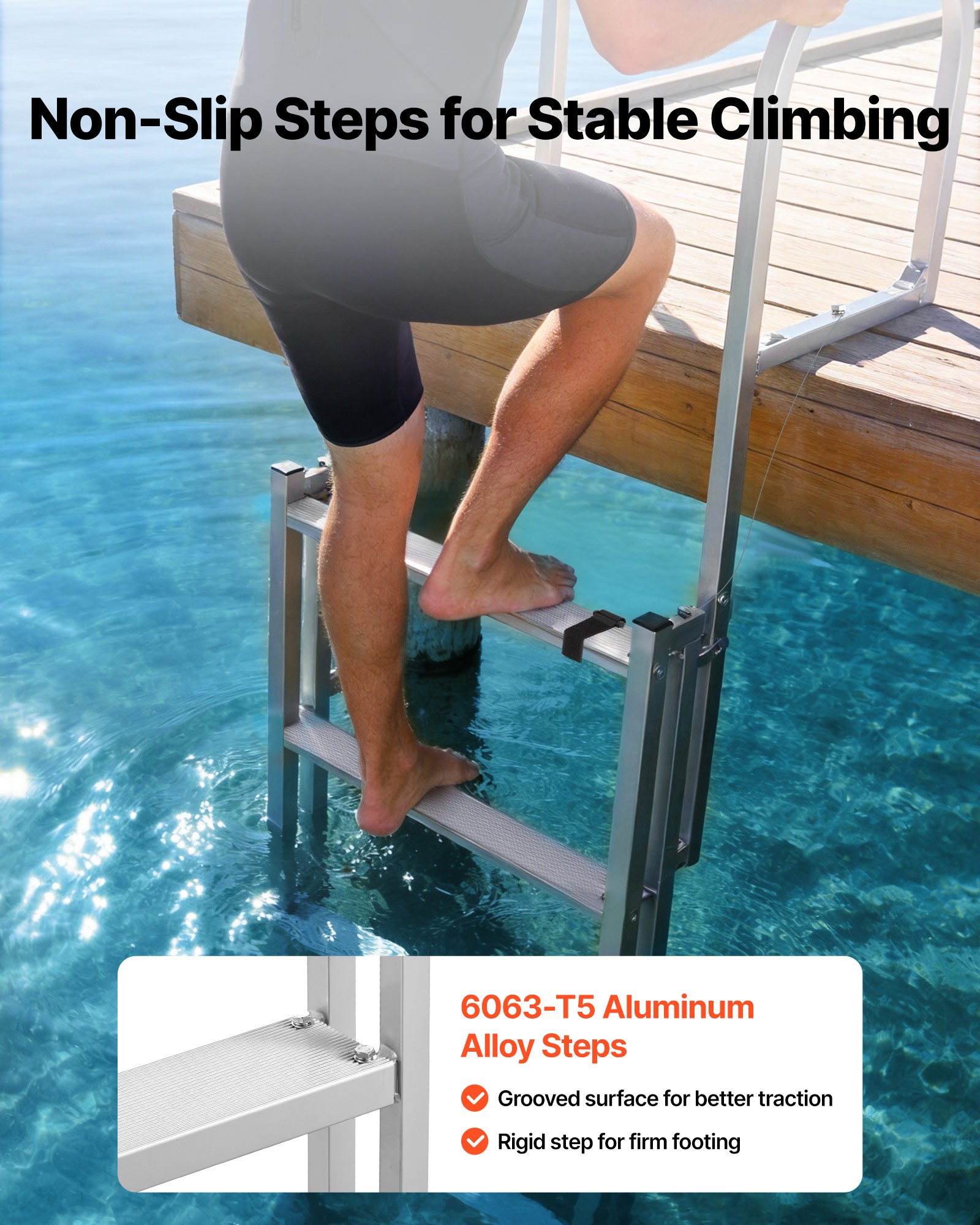 VEVOR Retractable Dock Ladder, 5 Steps, Aluminum Alloy Pontoon Boat Swim Ladder, with Non-Slip Wide Steps, 159 kg Weight Capacity, Adjustable Height, for Lake Swimming, Pool, Boat, Marine Boarding