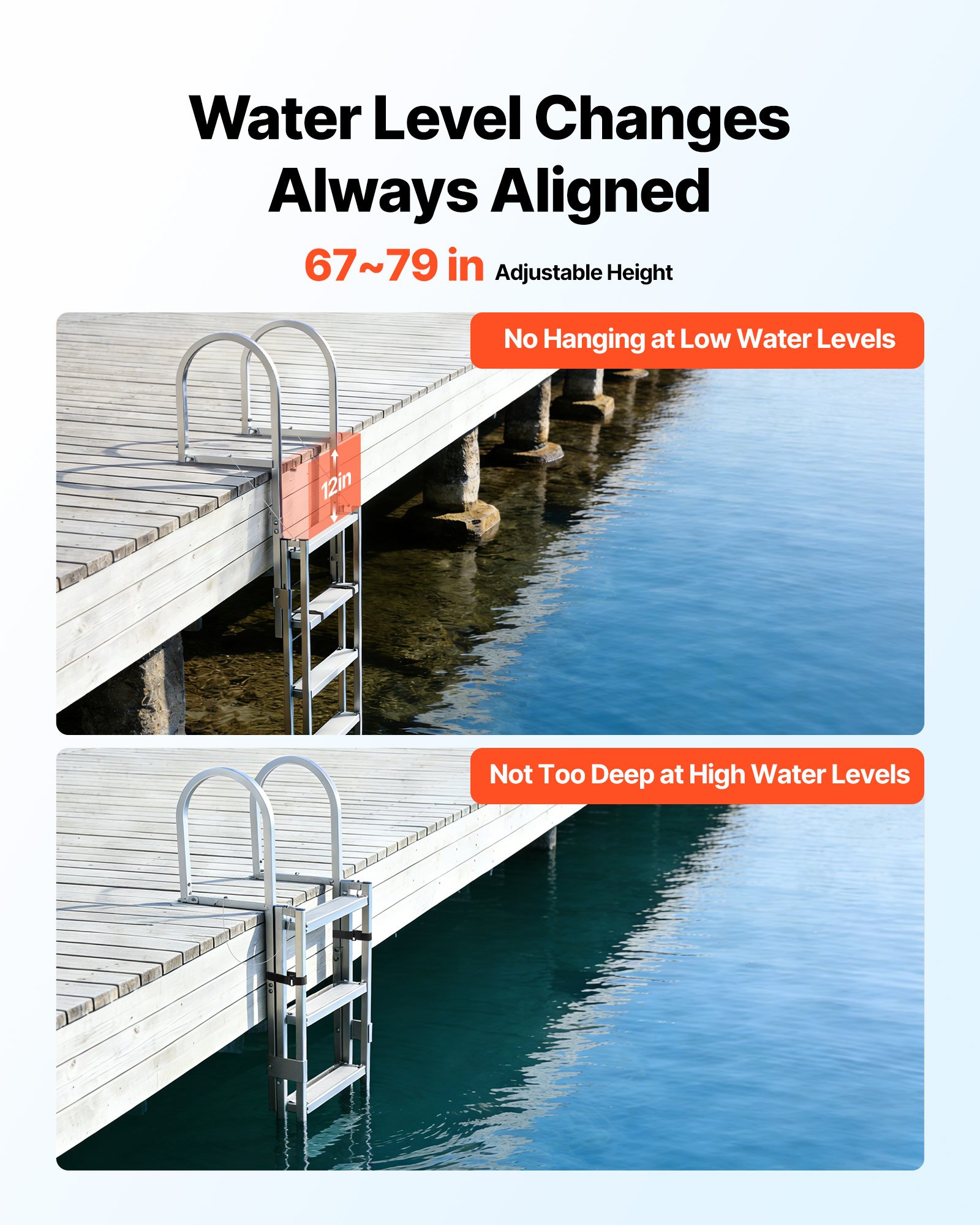 VEVOR Retractable Dock Ladder, 5 Steps, Aluminum Alloy Pontoon Boat Swim Ladder, with Non-Slip Wide Steps, 159 kg Weight Capacity, Adjustable Height, for Lake Swimming, Pool, Boat, Marine Boarding