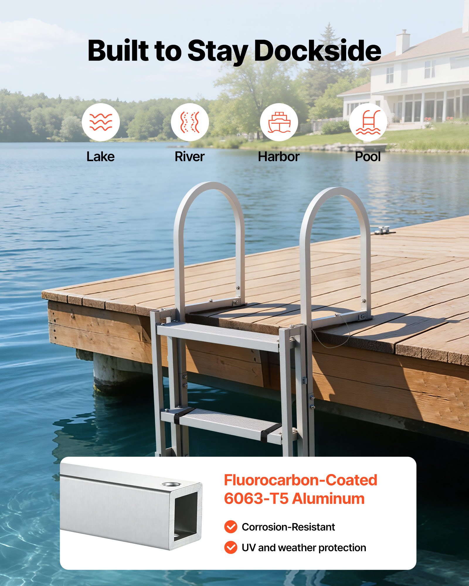 VEVOR Retractable Dock Ladder, 5 Steps, Aluminum Alloy Pontoon Boat Swim Ladder, with Non-Slip Wide Steps, 159 kg Weight Capacity, Adjustable Height, for Lake Swimming, Pool, Boat, Marine Boarding
