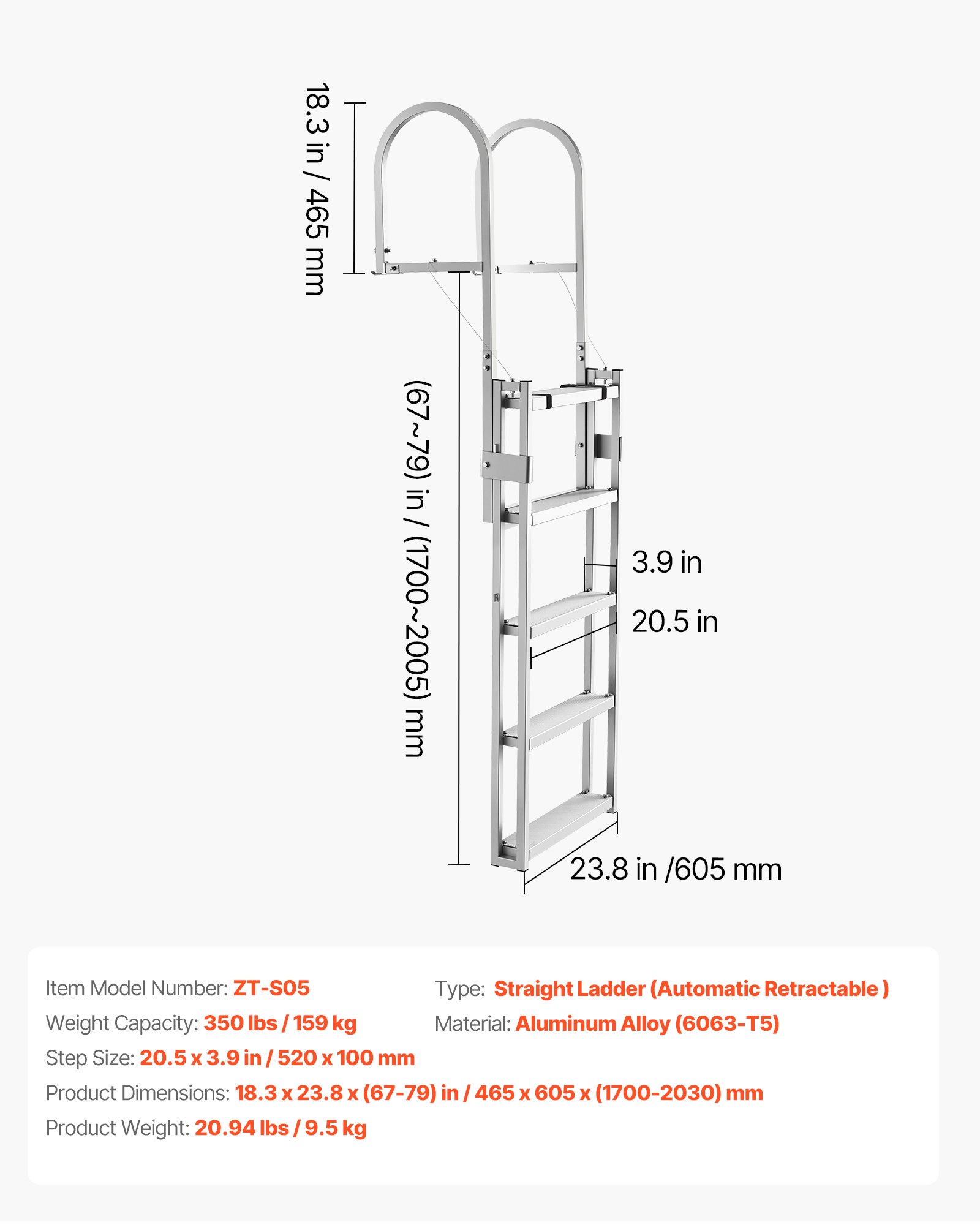 VEVOR Retractable Dock Ladder, 5 Steps, Aluminum Alloy Pontoon Boat Swim Ladder, with Non-Slip Wide Steps, 159 kg Weight Capacity, Adjustable Height, for Lake Swimming, Pool, Boat, Marine Boarding