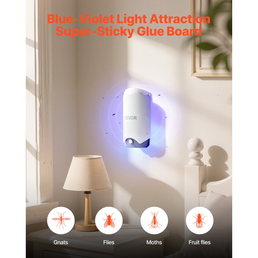 VEVOR Fly Trap, Plug-in Gnat Killer, Plug and Play Indoor Skeeter Zapper with Blue-Violet Light & 10 Sticky Glue Boards, Flying Gnat Catcher for Catching Gnats, Flies, Moths, Fruit Flies in Any Room
