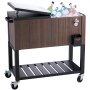 VEVOR rolling ice chest cooler with open lid, filled with assorted beverages on ice, on wheels.