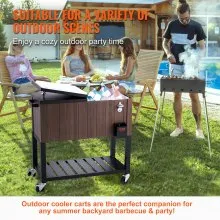 VEVOR Rolling Ice Chest Cooler Cart 80 Quart, Portable Bar Drink Cooler, Beverage Bar Stand Up Cooler with Wheels, Bottle Opener, Handles for Patio Backyard Party Pool, Wooden Teak Accent, Brown