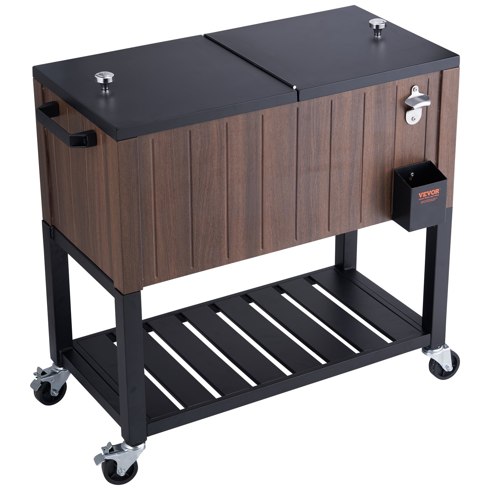 VEVOR Rolling Ice Chest Cooler Cart 80 Quart, Portable Bar Drink Cooler, Beverage Bar Stand Up Cooler with Wheels, Bottle Opener, Handles for Patio Backyard Party Pool, Wooden Teak Accent, Brown