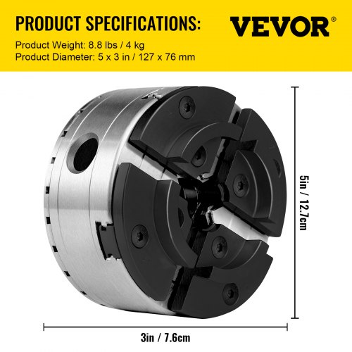VEVOR 4 Jaw Self Centering Lathe Chuck M33 Mount Wood Machine Function Geared Scroll Chuck Set 125 MM - M33 x 3.5 51059210 for Wood Turning Lathe