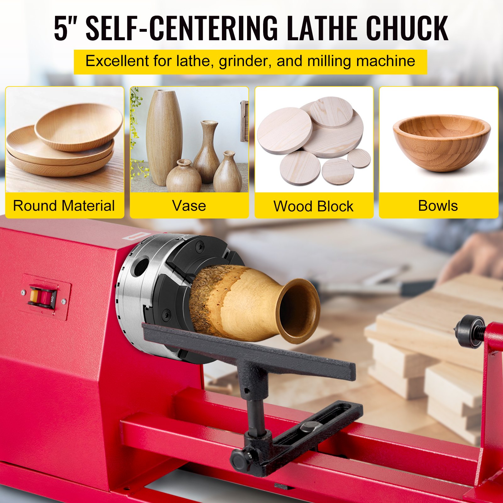 VEVOR 4 Jaw Self Centering Lathe Chuck M33 Mount Wood Machine Function Geared Scroll Chuck Set 125 MM - M33 x 3.5 51059210 for Wood Turning Lathe