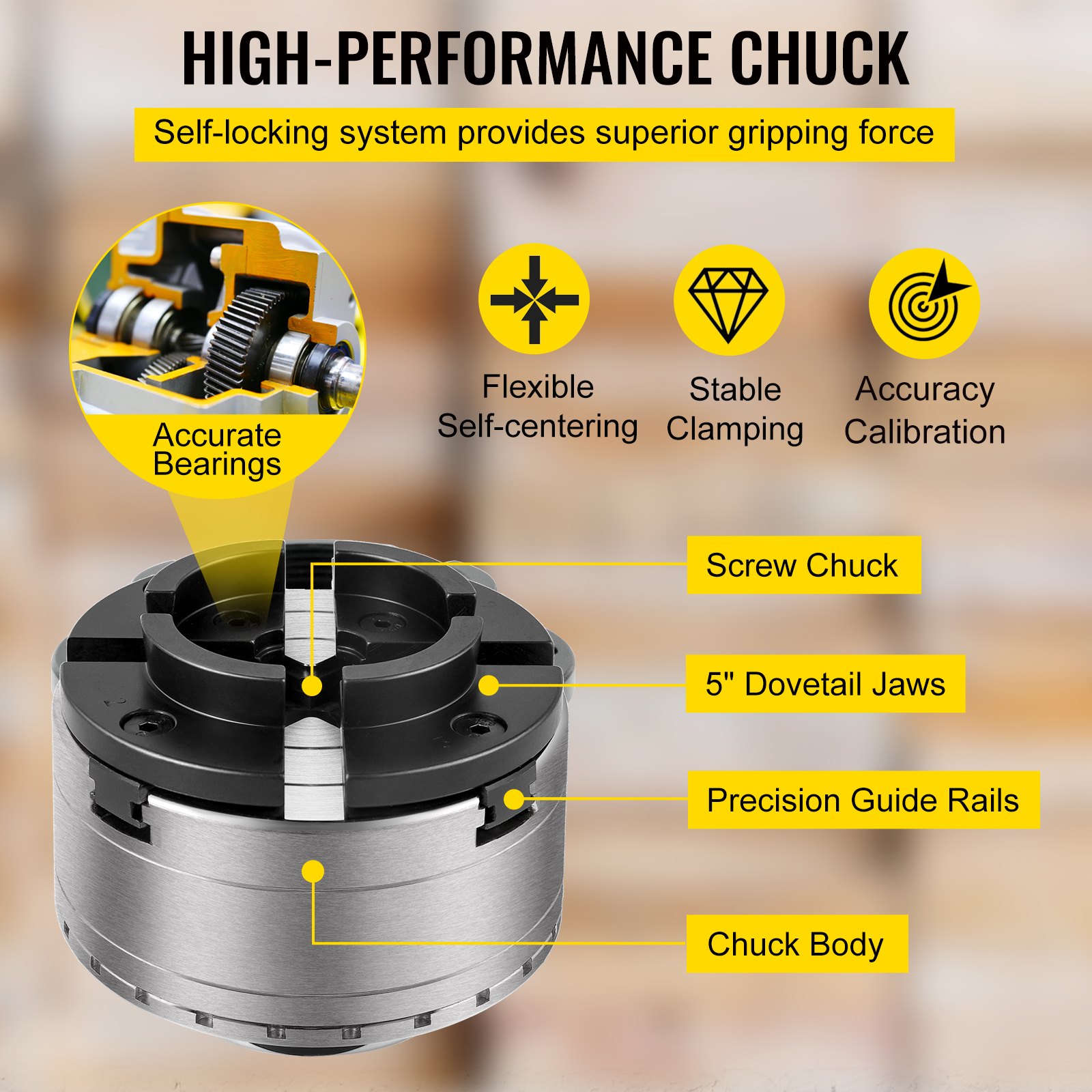 VEVOR 4 Jaw Self Centering Lathe Chuck M33 Mount Wood Machine Function Geared Scroll Chuck Set 125 MM - M33 x 3.5 51059210 for Wood Turning Lathe