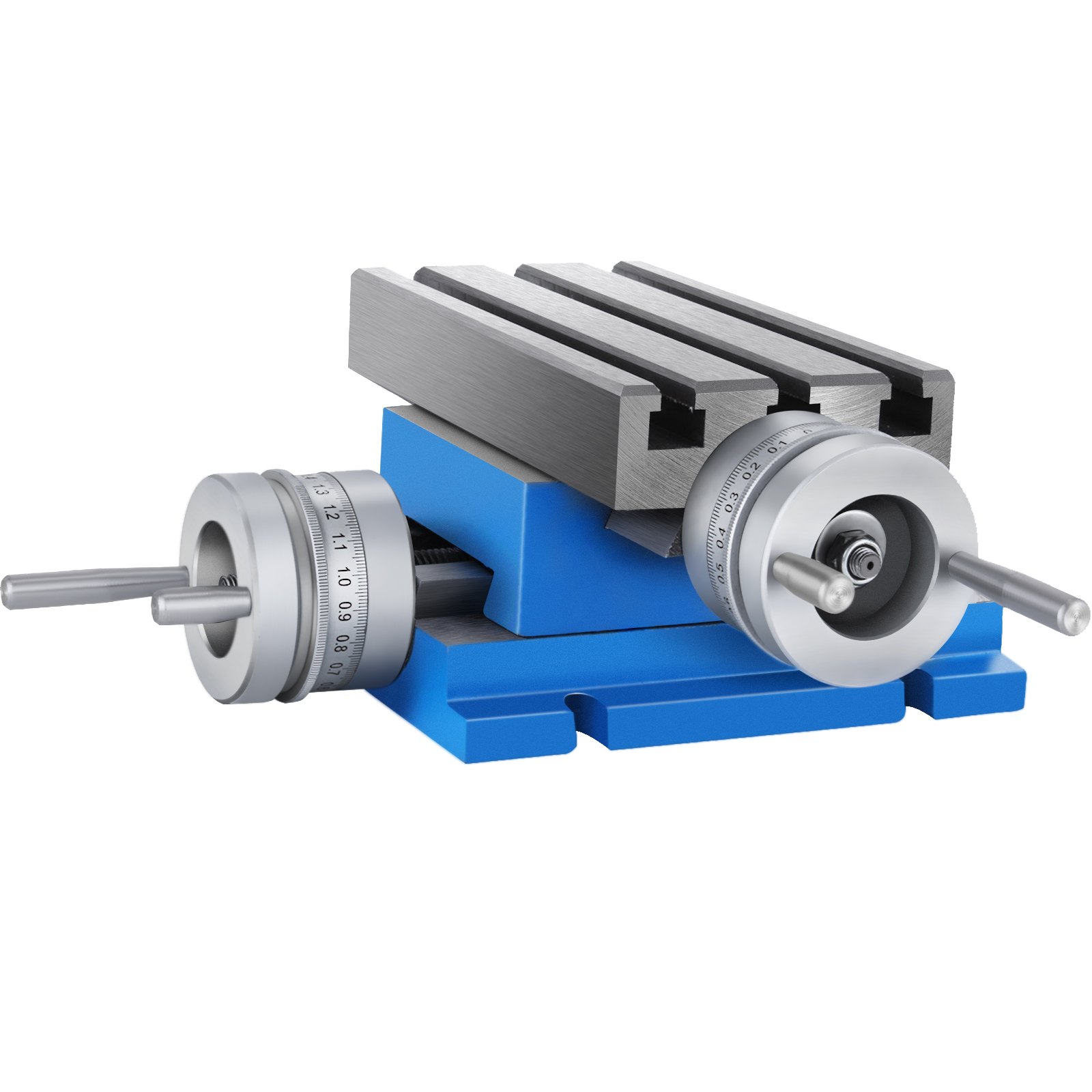 blue VEVOR milling machine work table with adjustable handles and graduated dials.