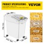 VEVOR ingredient bin with measurements and examples of stored pasta, oats, cereal, and farfalle.