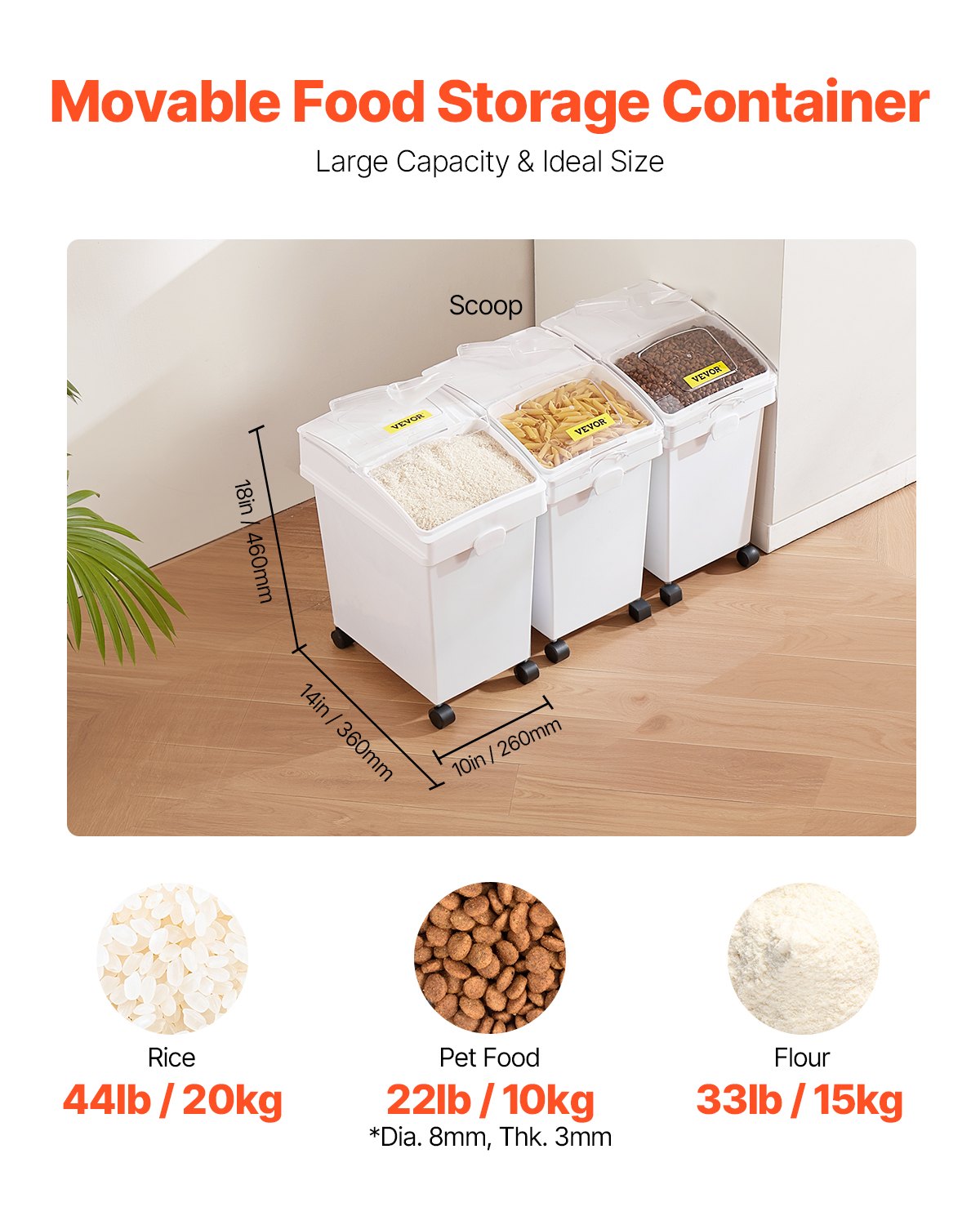 VEVOR Rice Storage Container, 6.6Gallon/25L x3 Capacity Large Dog Food Dispenser Bin, Kitchen Ingredient Grain Cereal Flour Bin, Pet food Containers with Wheels, 3 Scoops,  and Airtight Lid, 3 Pack