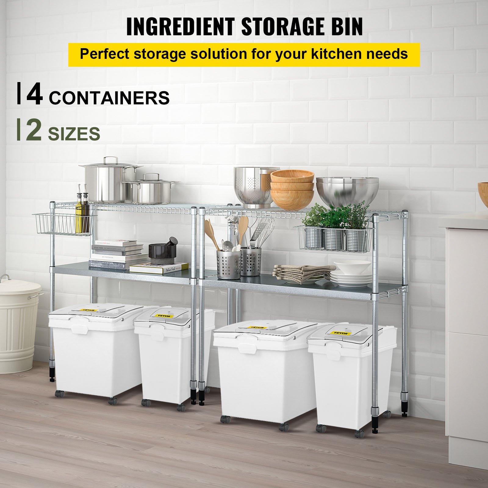 VEVOR Ingredient Bin, 8.8 Gallon and 5.5 Gallon Capacity Ingredient Storage Bin, PP Material Flour Bins On Wheels, White Shelf Ingredient Bin with Scoop, Commercial Storage Bins, 4 Pcs/Set