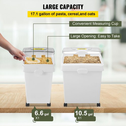 VEVOR Ingredient Bin, 10.5+6.6 Gallons, Rice Storage Container on Wheels, Pantry Airtight Pet Food Storage with Flip Lid Scoops, Double Flour Bins for Livestock,