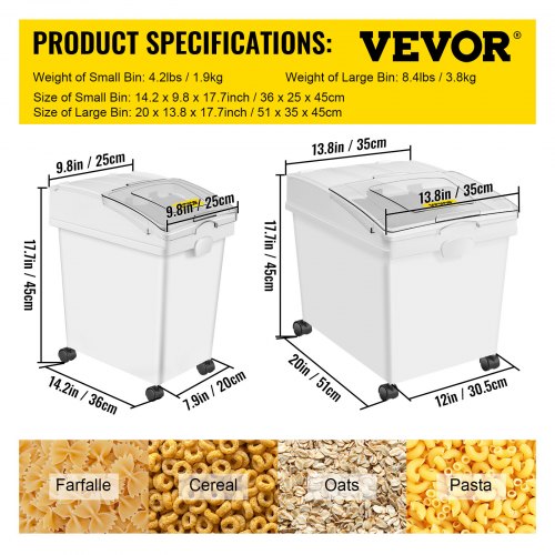 VEVOR Ingredient Bin, 10.5+6.6 Gallons, Rice Storage Container on Wheels, Pantry Airtight Pet Food Storage with Flip Lid Scoops, Double Flour Bins for Livestock,