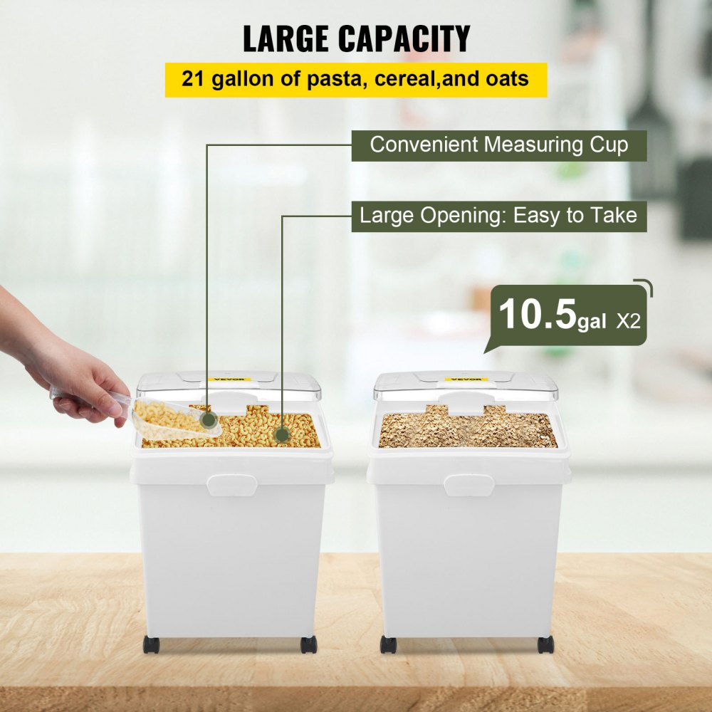 VEVOR Ingredient Bin, 8.8 Gallons Capacity Ingredient Storage Bin, PP Material Flour Bins On Wheels, White Shelf Ingredient Bin with Scoop and Sliding Lid, Commercial Storage Bins, 2 Pcs/Set