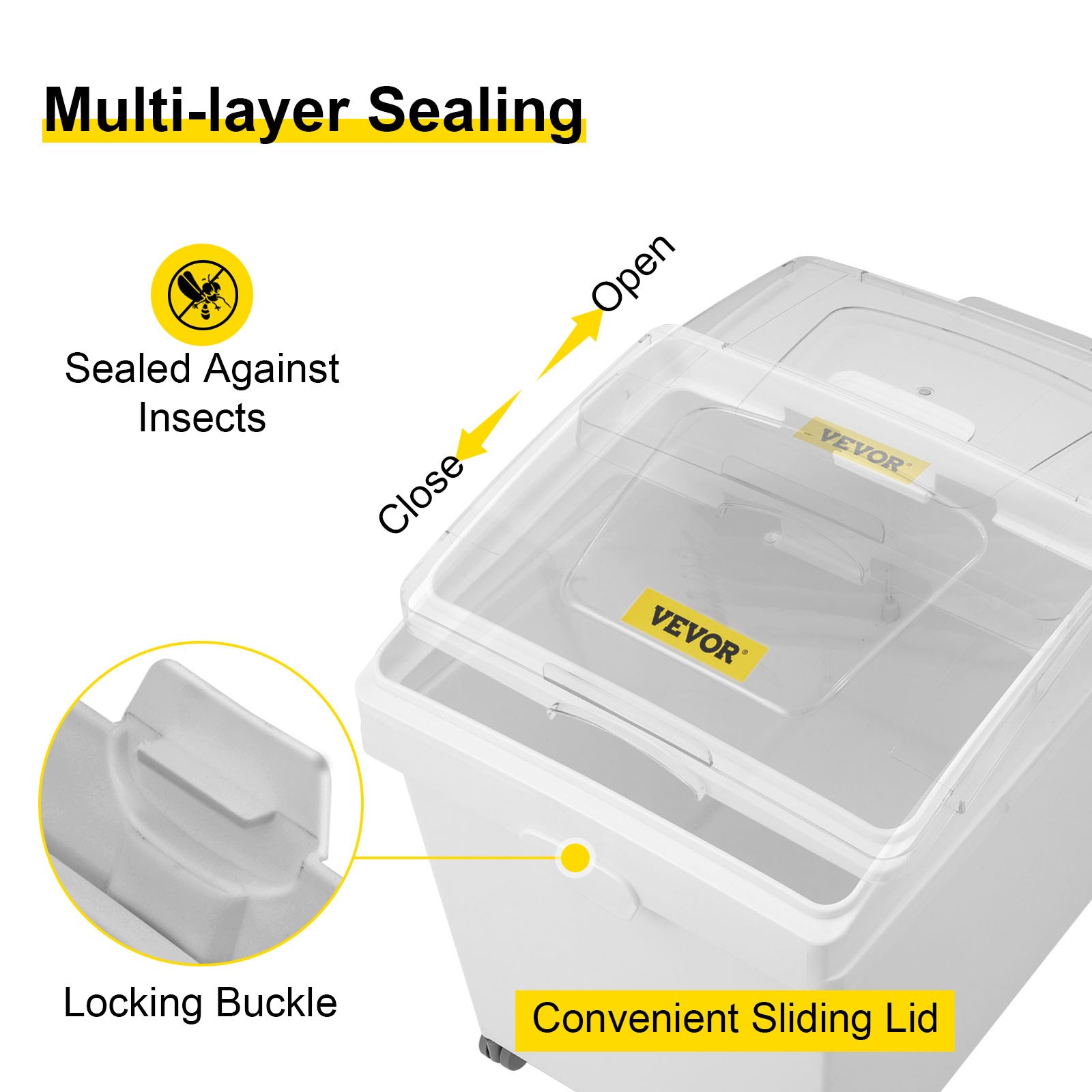 VEVOR Rice Storage Container, 10.5Gallon/40L x3 Capacity Large Dog Food Dispenser Bin, Kitchen Ingredient Grain Cereal Flour Bin, Pet food Containers with Wheels, 3 Scoops, and Airtight Lid, 3 Pack