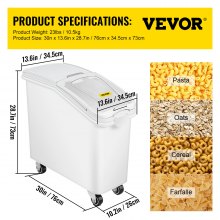 Cesto de ingredientes VEVOR de 21 galões com colher, caixote de ingredientes comerciais com capacidade para 400 xícaras, caixote de ingredientes móvel branco para armazenamento de cozinha