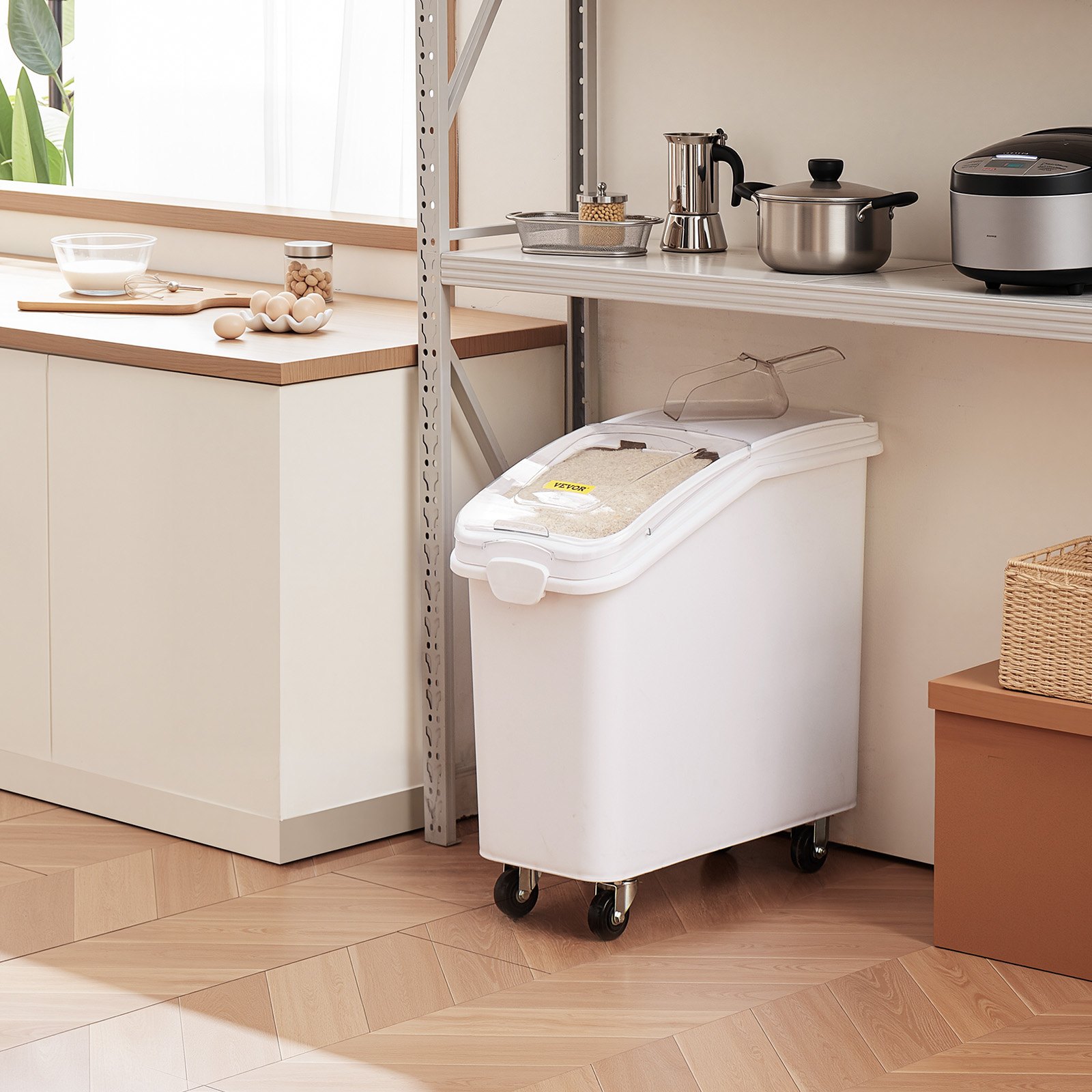 VEVOR Rice Storage Container, 21Gallon/80L Capacity Large Dog Food Dispenser Bin, Kitchen Ingredient Grain Cereal Flour Bin, Pet food Containers with Wheels, Scoop, and Airtight Lid, 1 Pack