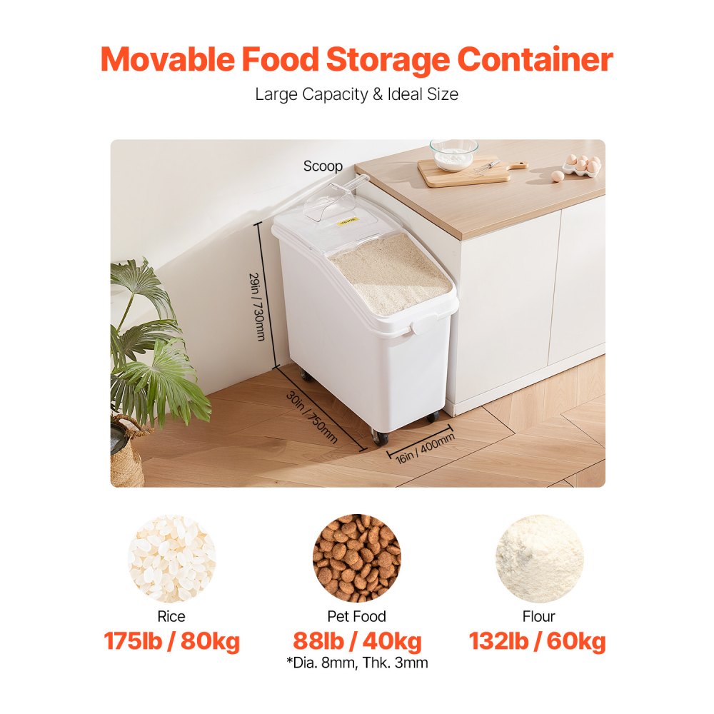 VEVOR Rice Storage Container, 27Gallon/100L Capacity Large Dog Food Dispenser Bin, Kitchen Ingredient Grain Cereal Flour Bin, Pet food Containers with Wheels, Scoop, and Airtight Lid, 1 Pack