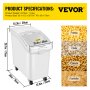 VEVOR ingredient storage bin dimensions and food examples: pasta, oats, cereal, farfalle.