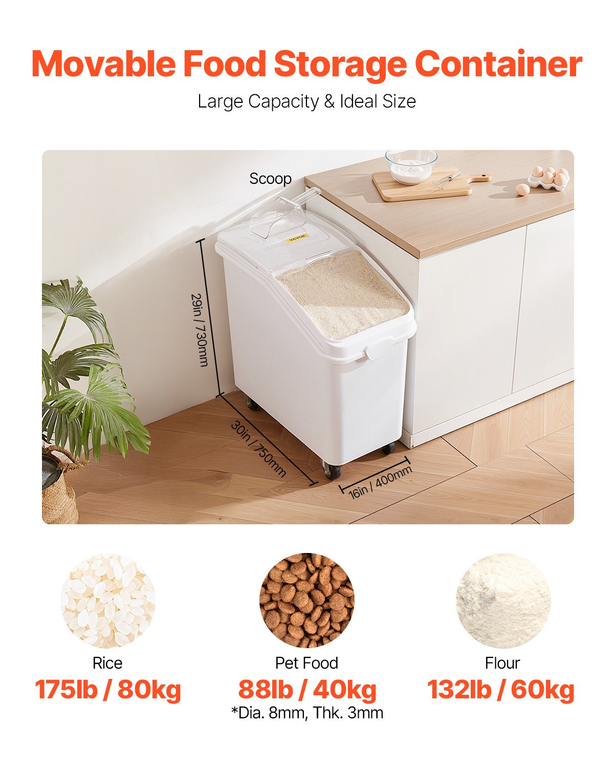 VEVOR Rice Storage Container, 27Gallon/100L Capacity Large Dog Food Dispenser Bin, Kitchen Ingredient Grain Cereal Flour Bin, Pet food Containers with Wheels, Scoop, and Airtight Lid, 1 Pack
