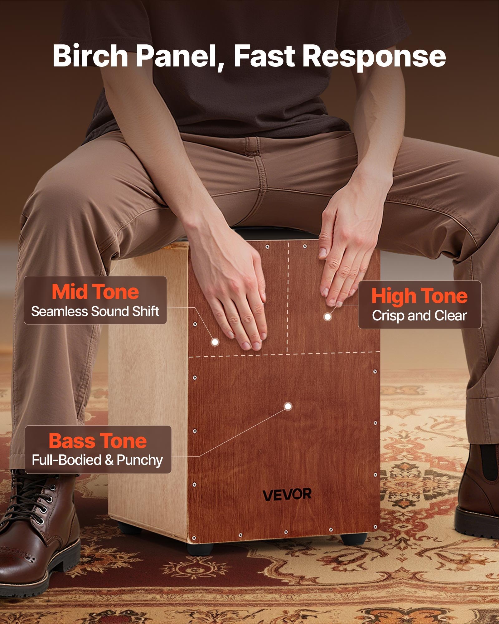 VEVOR Cajon Box Drum, with Internal Snare Wires, Lightweight Wooden Percussion Box, Portable Birch Wood Drum Musical Instrument with Travel Bag, for Beginners and Professionals, 12 x 12 x 17 Inches