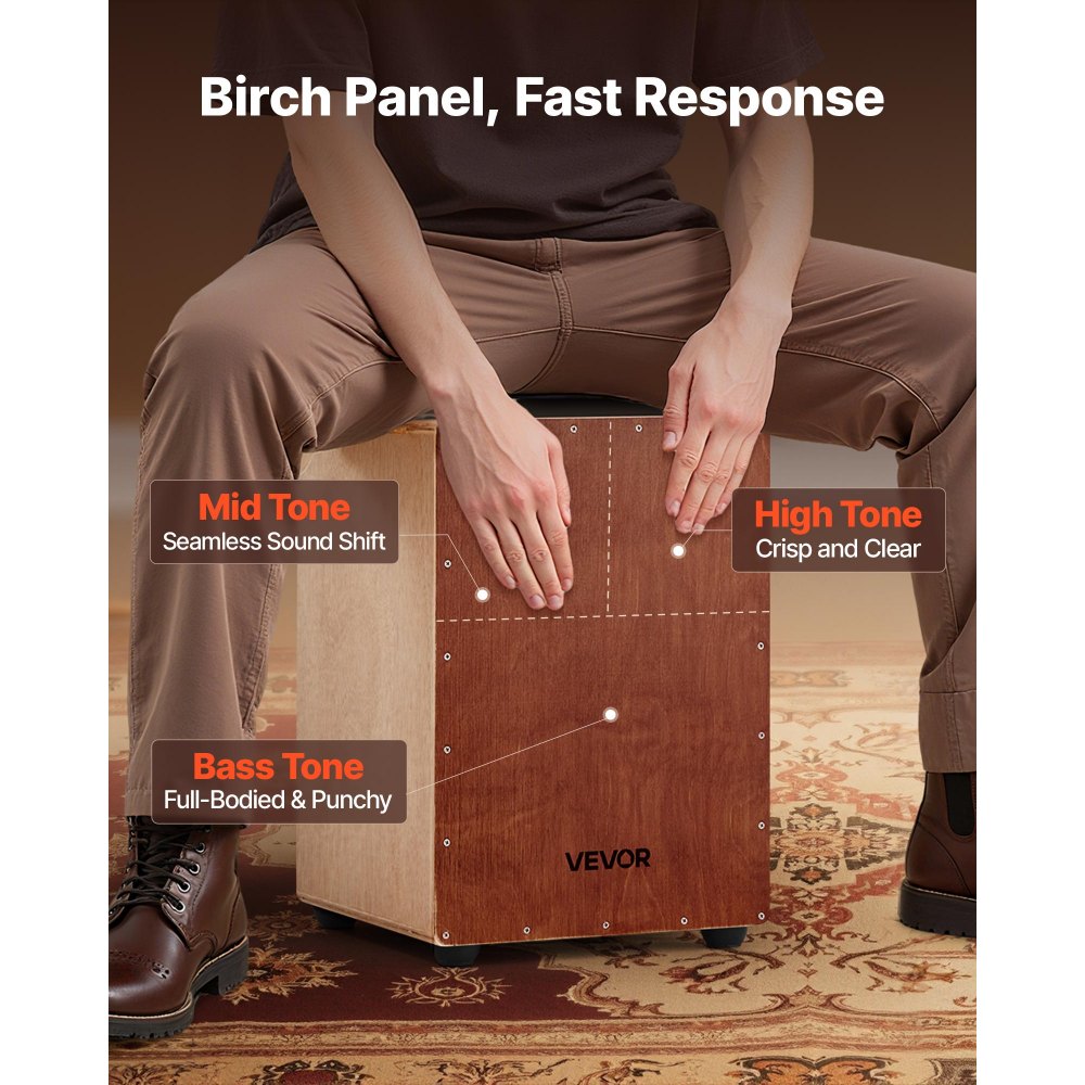 VEVOR Cajon Box Drum, with Internal Snare Wires, Lightweight Wooden Percussion Box, Portable Birch Wood Drum Musical Instrument with Silicone Feet, for Beginners and Professionals, 305 x 305 x 430 mm