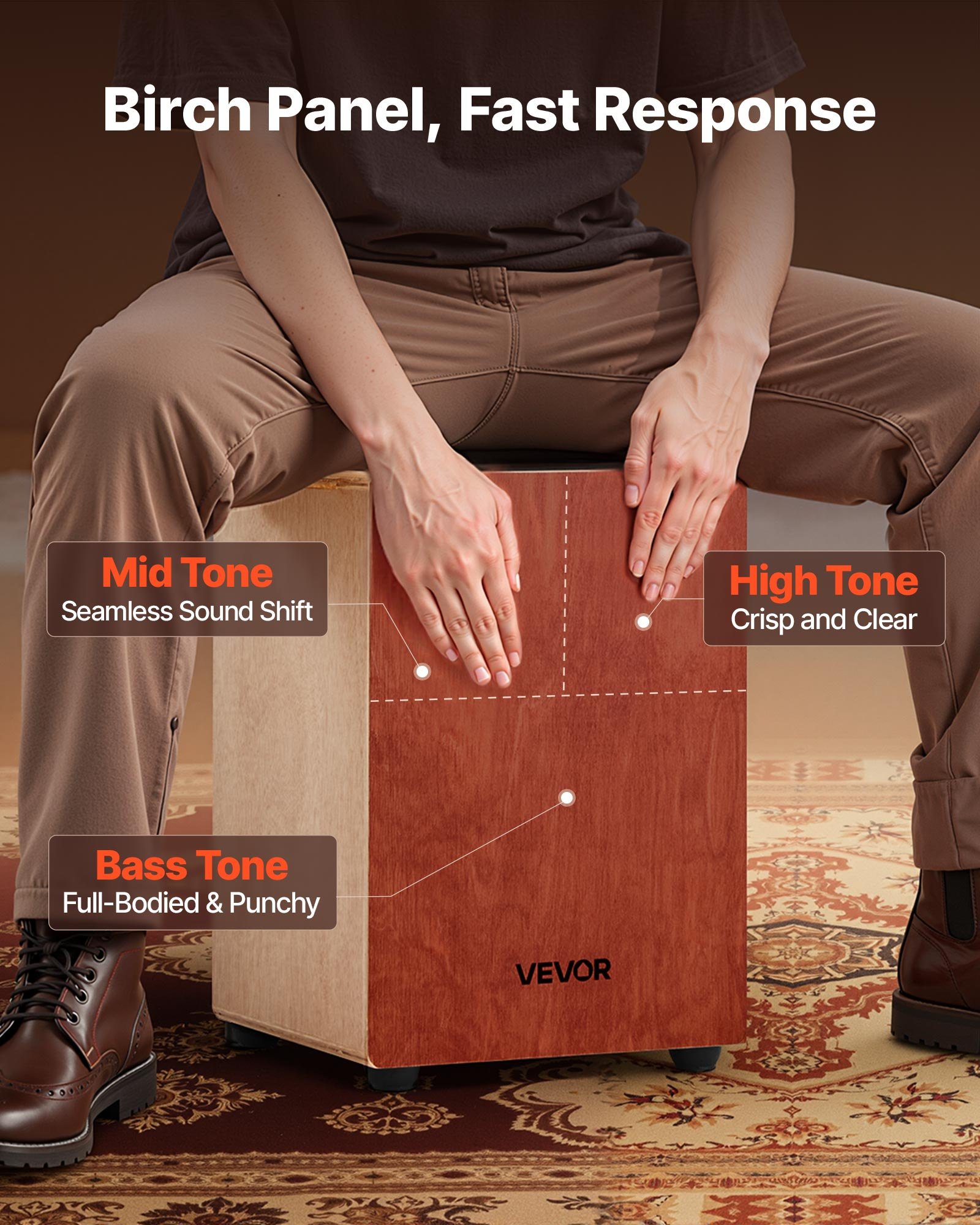VEVOR Cajon Box Drum, with Internal Guitar Strings, Lightweight Wooden Percussion Box, Portable Birch Wood Drum Musical Instrument with Travel Bag, for Beginners and Professionals, 12 x 12 x 17 in