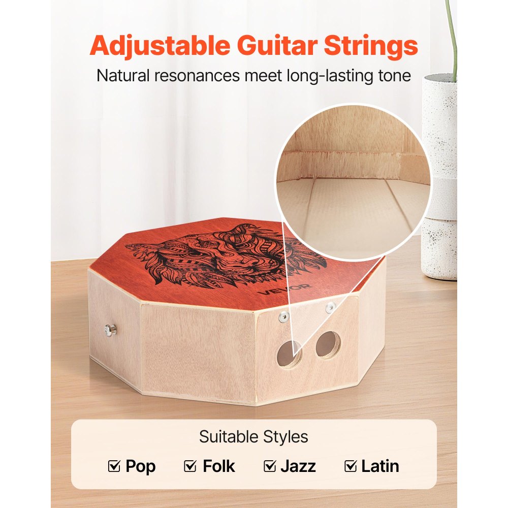 VEVOR Unique Cajon Box Drum, with Internal  Guitar Strings, Portable Wooden Percussion Box, Birch Wood Drum Musical Instrument with Adjustable Strap, for Beginners & Professionals, 295 x 295 x 100 mm