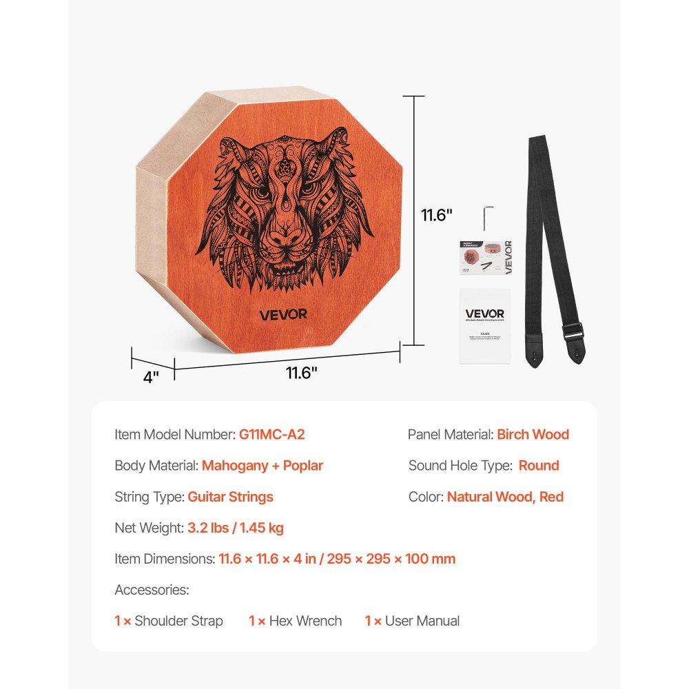 VEVOR Unique Cajon Box Drum, with Internal  Guitar Strings, Portable Wooden Percussion Box, Birch Wood Drum Musical Instrument with Adjustable Strap, for Beginners & Professionals, 295 x 295 x 100 mm