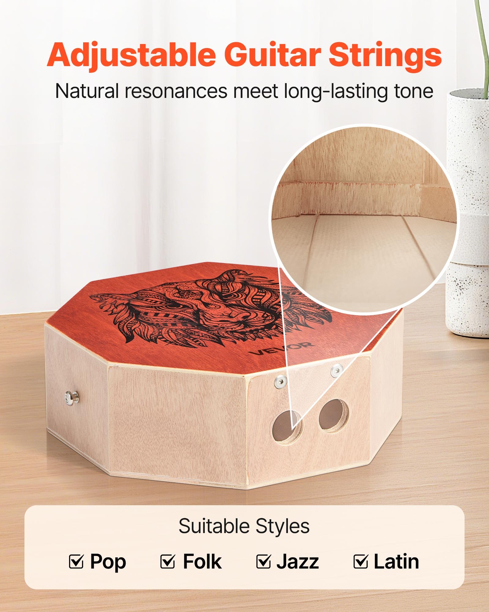 VEVOR Unique Cajon Box Drum, with Internal  Guitar Strings, Portable Wooden Percussion Box, Birch Wood Drum Musical Instrument with Adjustable Strap, for Beginners & Professionals, 295 x 295 x 100 mm