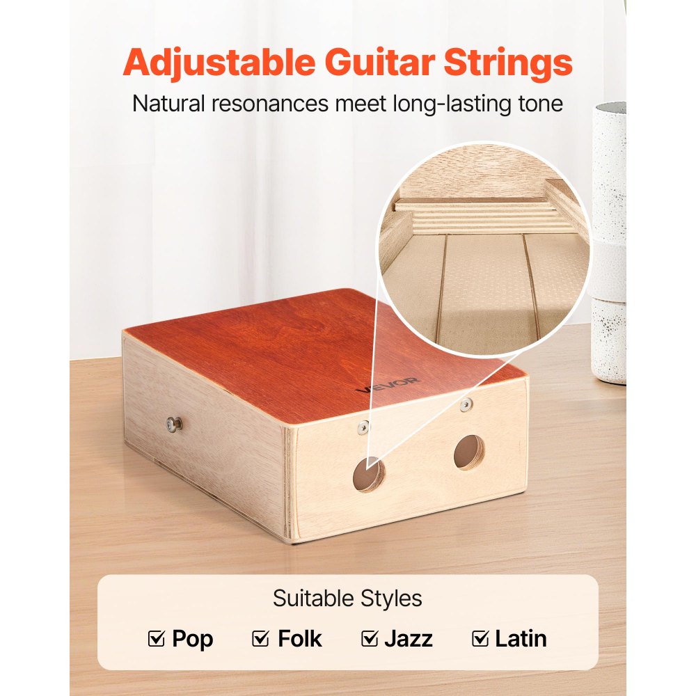 VEVOR Cajon Box Drum, with Internal Guitar Strings, Lightweight Wooden Percussion Box, Portable Birch Wood Drum with Travel Bag, Adjustable Strap, for Beginners and Professionals, 230 x 100 x 280 mm