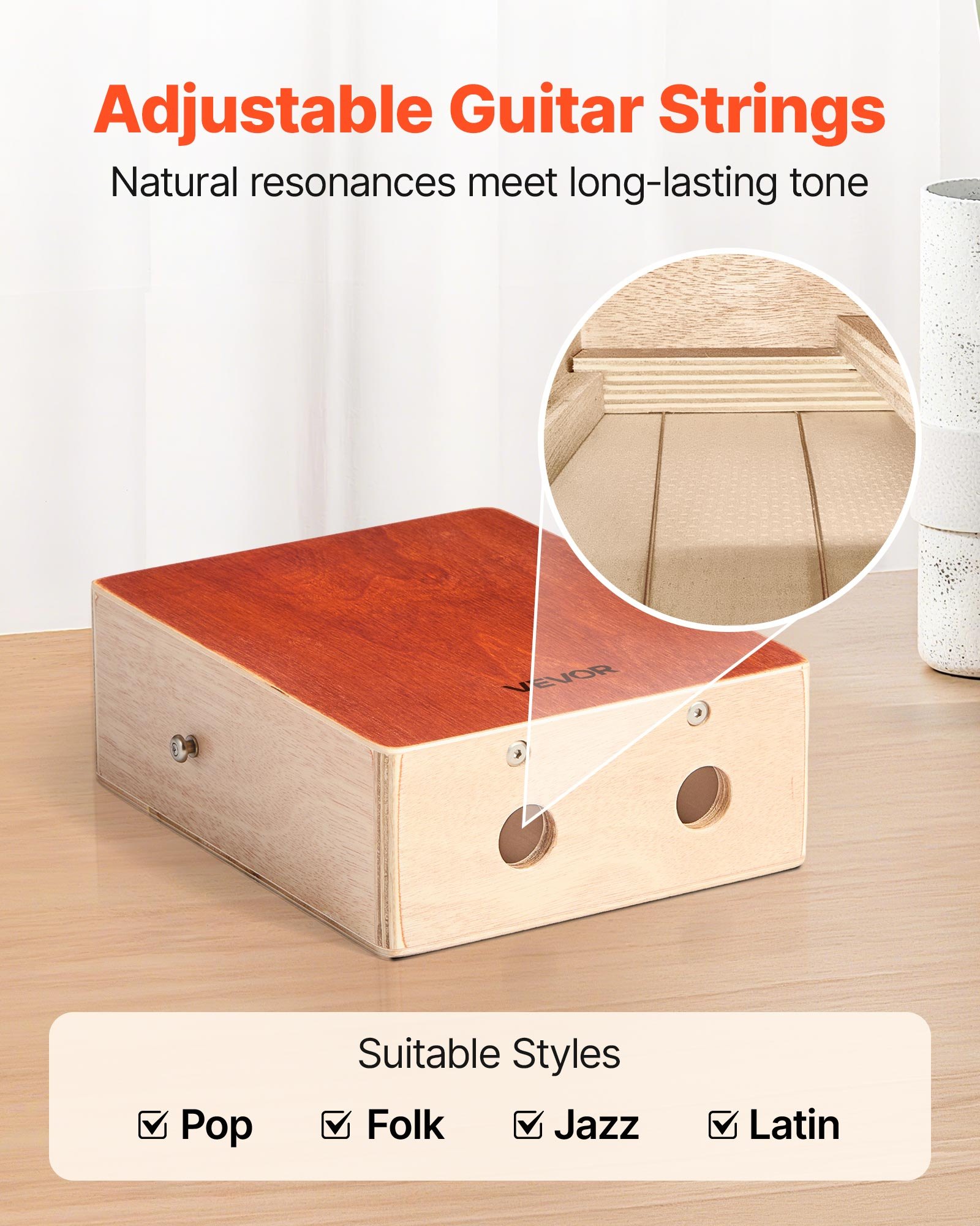 VEVOR Cajon Box Drum, with Internal Guitar Strings, Lightweight Wooden Percussion Box, Portable Birch Wood Drum Instrument with Travel Bag, Adjustable Strap, for Beginner & Professional, 11 x 9 x 4 in