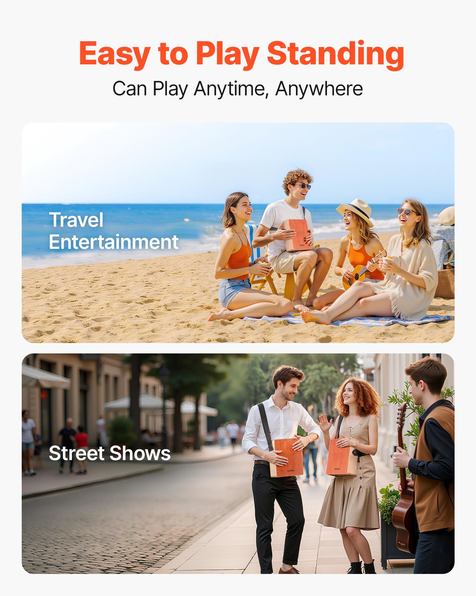 VEVOR Cajon Box Drum, with Internal Guitar Strings, Lightweight Wooden Percussion Box, Portable Birch Wood Drum Instrument with Travel Bag, Adjustable Strap, for Beginner & Professional, 11 x 9 x 4 in