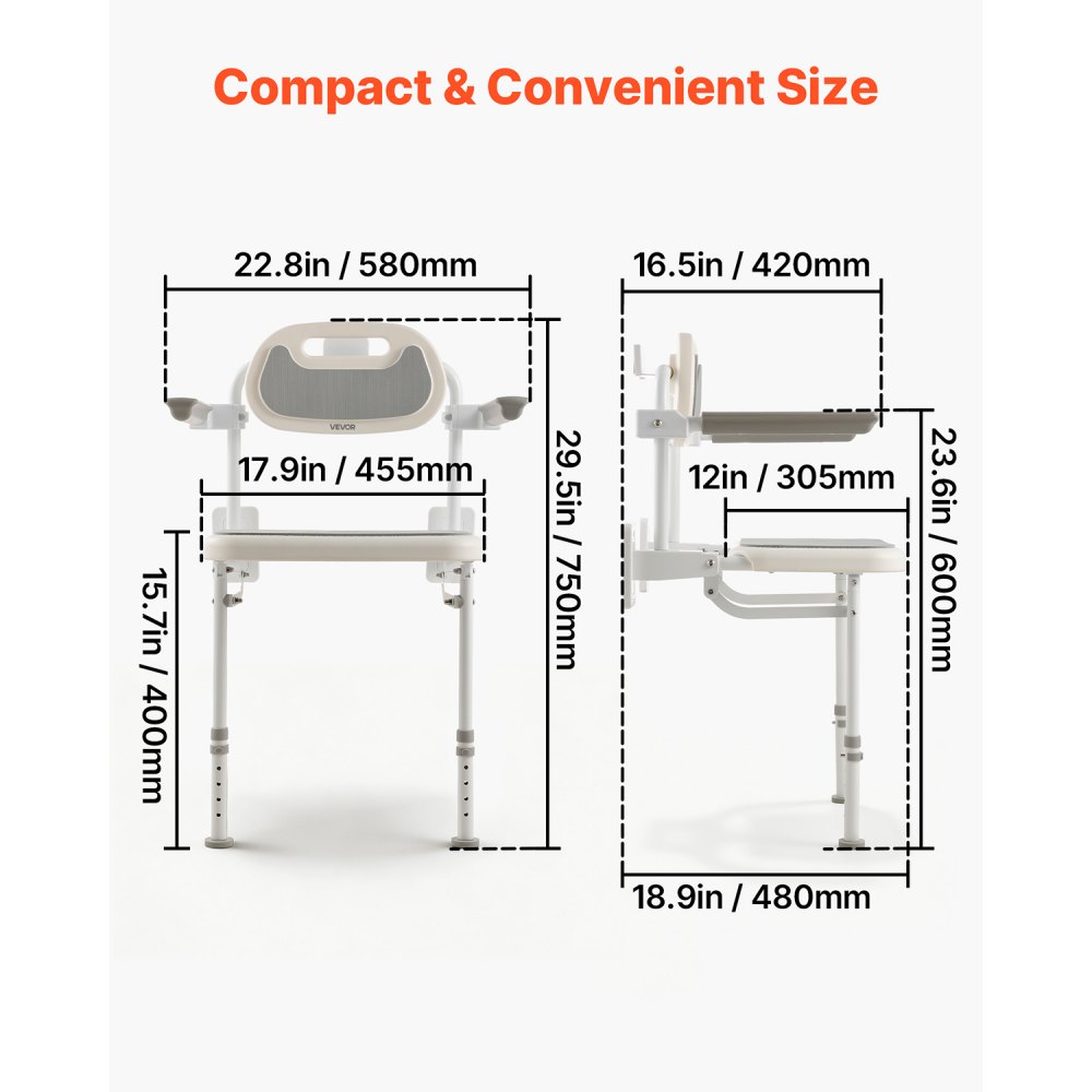 VEVOR Foldable Shower Chair Wall Mounted, 457mm Folding Shower Seat with Backrest, Armrest & Adjustable Legs, HDPE Fold-Down Bathroom Chair Stainless Steel Frame for Adults Seniors, 150kg Loading