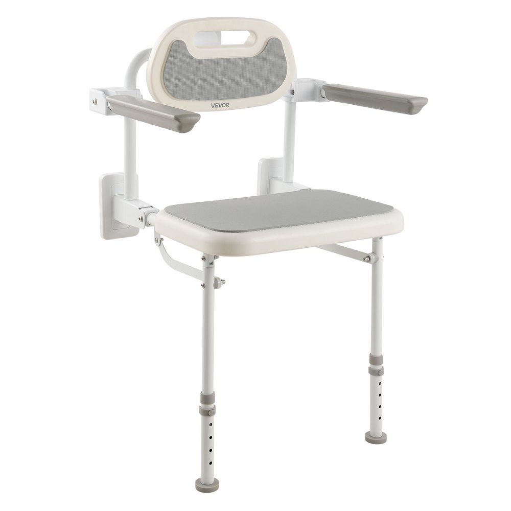 VEVOR Foldable Shower Chair Wall Mounted, 457mm Folding Shower Seat with Backrest, Armrest & Adjustable Legs, HDPE Fold-Down Bathroom Chair Stainless Steel Frame for Adults Seniors, 150kg Loading