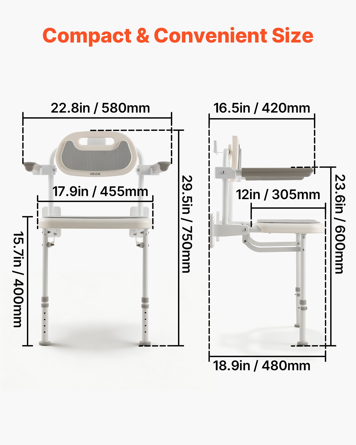 VEVOR Foldable Shower Chair Wall Mounted, 457mm Folding Shower Seat with Backrest, Armrest & Adjustable Legs, HDPE Fold-Down Bathroom Chair Stainless Steel Frame for Adults Seniors, 150kg Loading