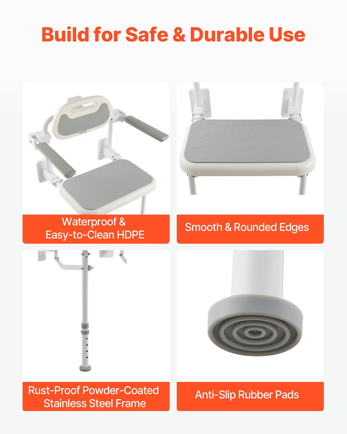 VEVOR Foldable Shower Chair Wall Mounted, 457mm Folding Shower Seat with Backrest, Armrest & Adjustable Legs, HDPE Fold-Down Bathroom Chair Stainless Steel Frame for Adults Seniors, 150kg Loading