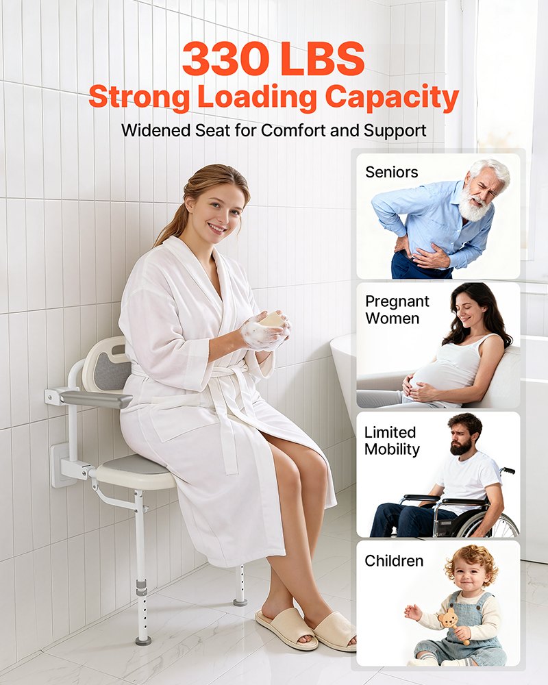VEVOR Foldable Shower Chair Wall Mounted, 457mm Folding Shower Seat with Backrest, Armrest & Adjustable Legs, HDPE Fold-Down Bathroom Chair Stainless Steel Frame for Adults Seniors, 150kg Loading