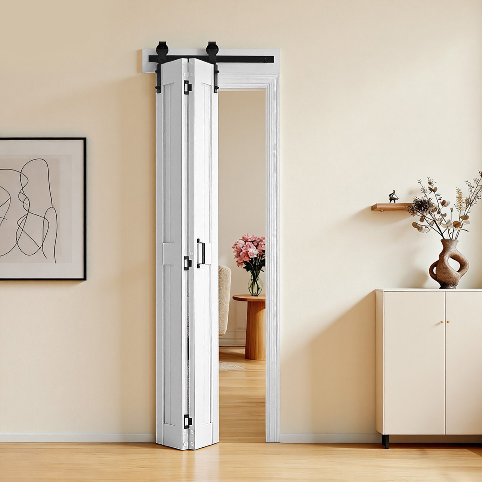 VEVOR Bifold Barn Door, 609 x 2134 mm, MDF Bi-Fold Sliding Closet Doors, Hardware Kit Included, H-Frame Space-Saving Design, Need to Assemble, for Bedroom, Living Room, Wardrobe, Room Divider, White
