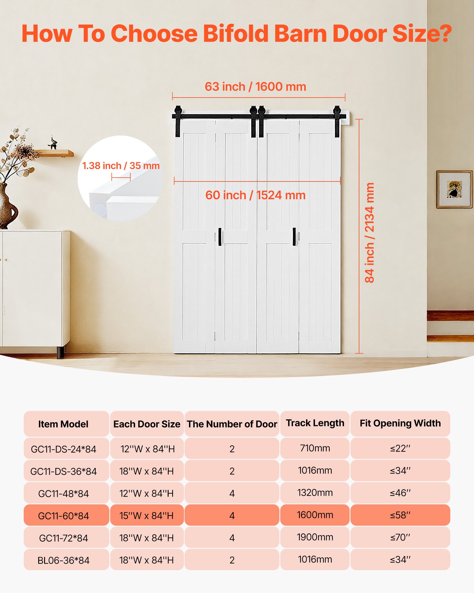 VEVOR Bifold Barn Door, 1524 x 2134 mm, MDF Bi-Fold Sliding Closet Doors, Hardware Kit Included, H-Frame Space-Saving Design, Pre-Assembled Panels for Bedroom, Living Room, and Room Divider, White