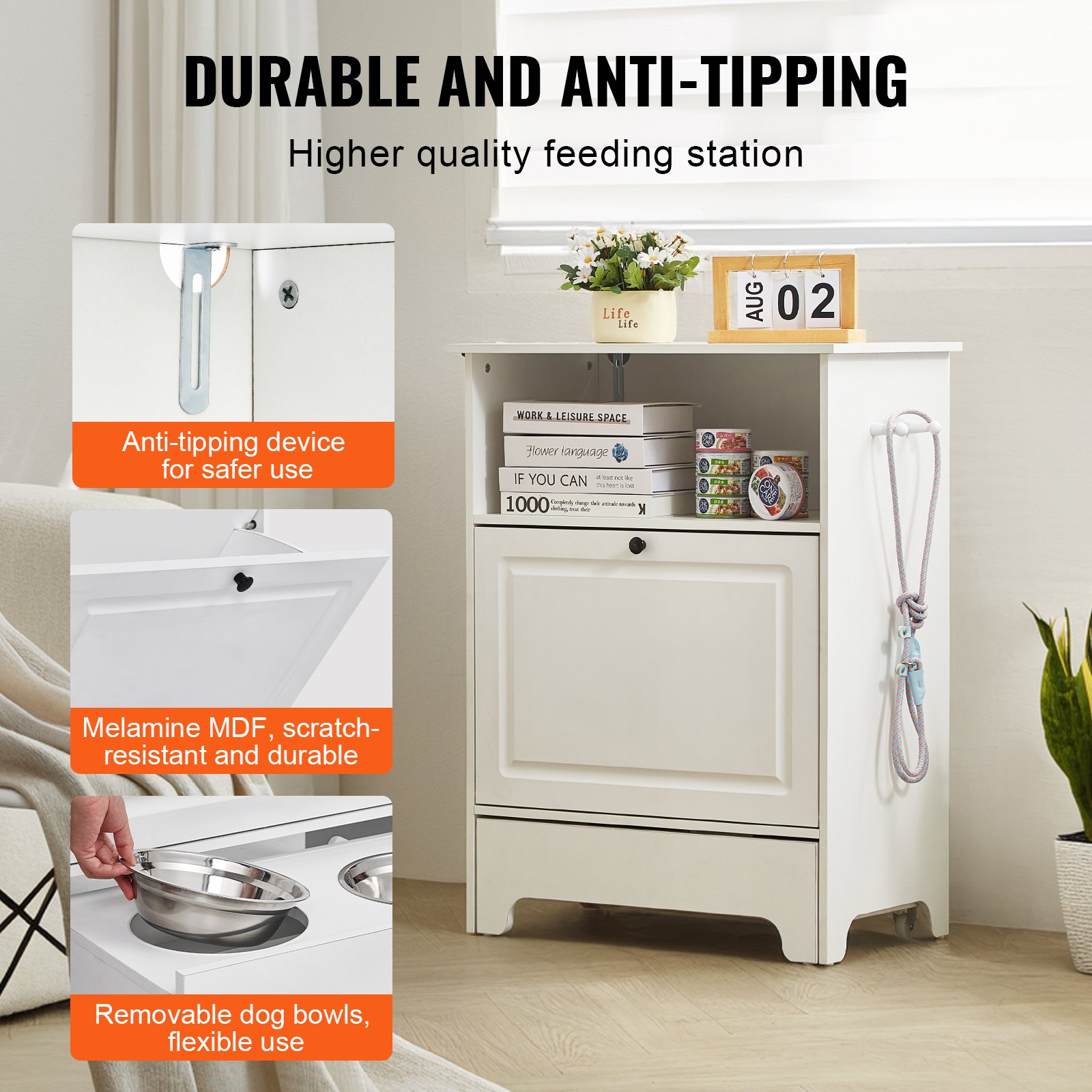 VEVOR Pet Feeding Station with 2 Stainless Steel Bowls, Elevated Dog Bowls with Storage, Dog Food Storage and Feeder Station with Tilt Out Storage Cabinet, Pet Toy Storage Organizer, for Small Dogs