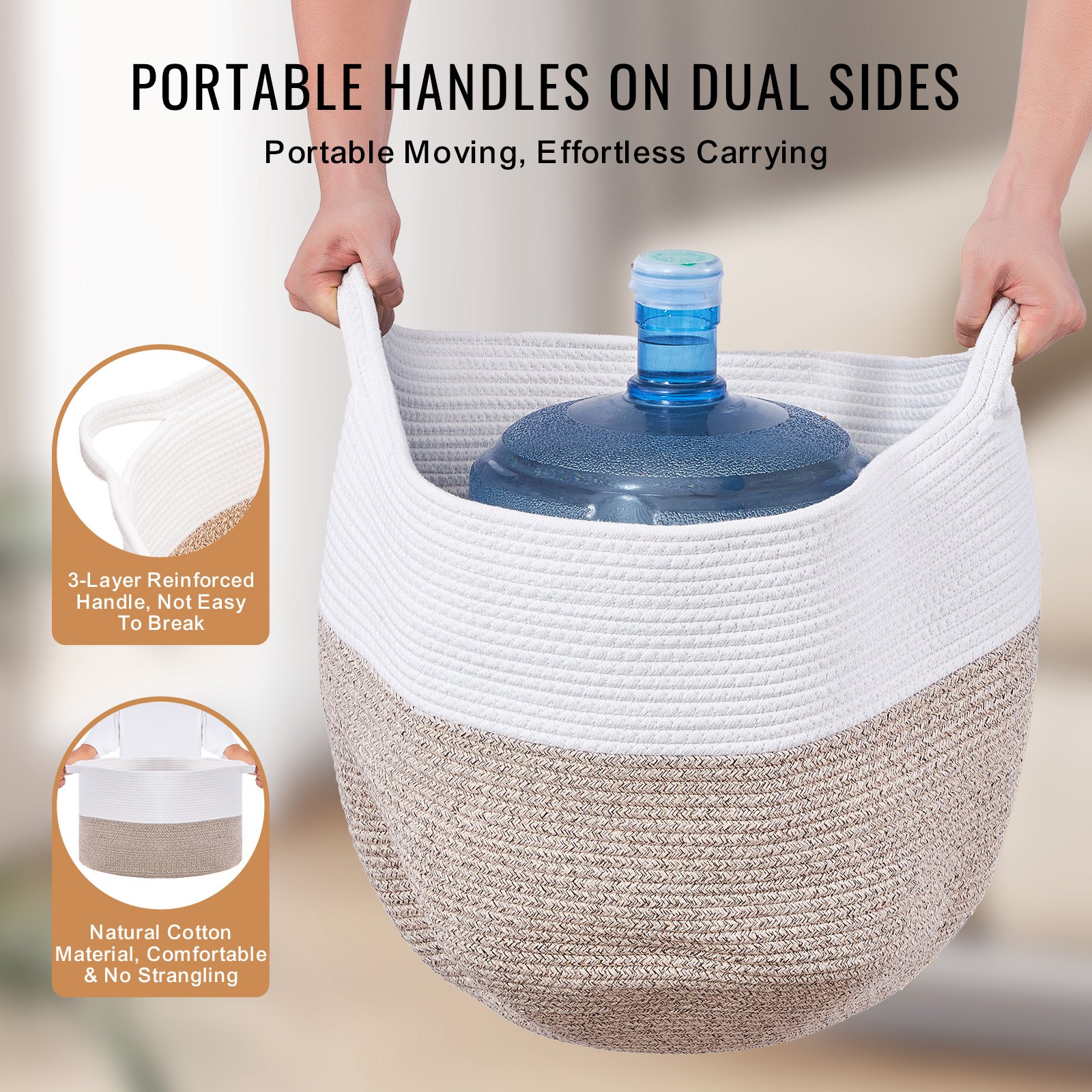 VEVOR Blanket Basket, 67L, Cotton Rope Basket, Woven Basket with Handles, 20" x 13" Round Laundry Hamper Basket Collapsible Extra Large Storage Basket Bins for Organizing Clothes Kids Toys Pillows