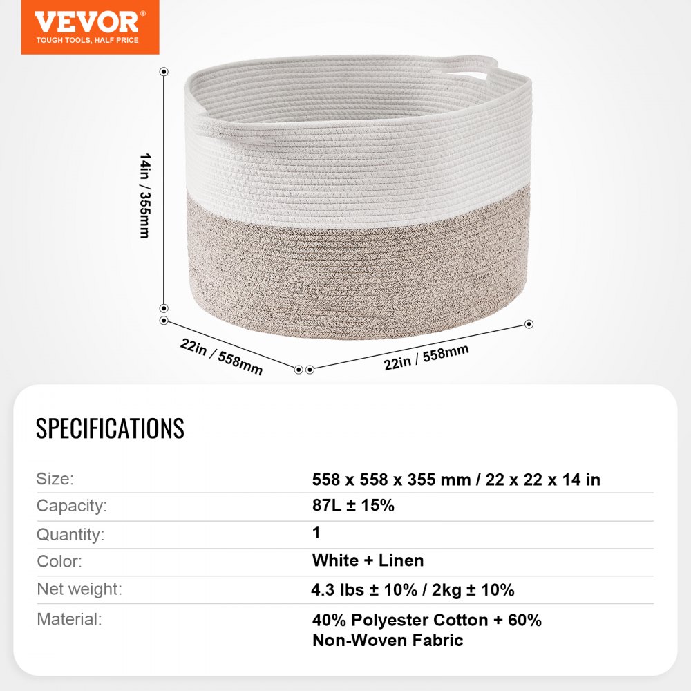 VEVOR Cotton Rope Storage Basket 87L Woven Blanket Basket 558x558x355mm (20 x 20 x 14 in)