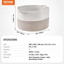 VEVOR Cotton Rope Storage Basket 87L Woven Blanket Basket 22 x 22 x 14 in