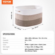 VEVOR Cotton Rope Basket 3 Packs 22L Woven Storage Basket for Organizing